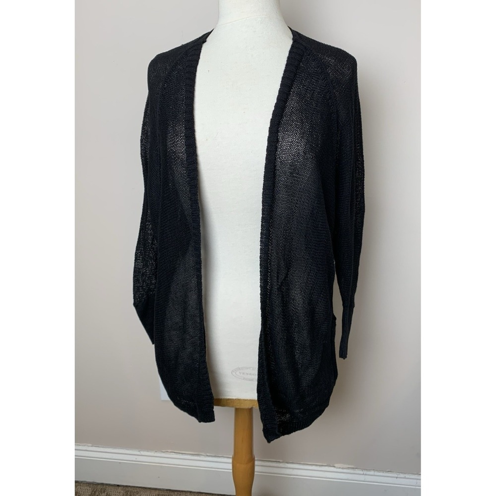 Ralph Lauren Cardigan Sweater Womens Large Black Linen Blend Open Knit Sheer